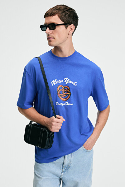 GRIMELANGE Ανδρικό μπλουζάκι CRISP Oversize 100% βαμβακερό με στρογγυλή λαιμόκοψη Saks Blue