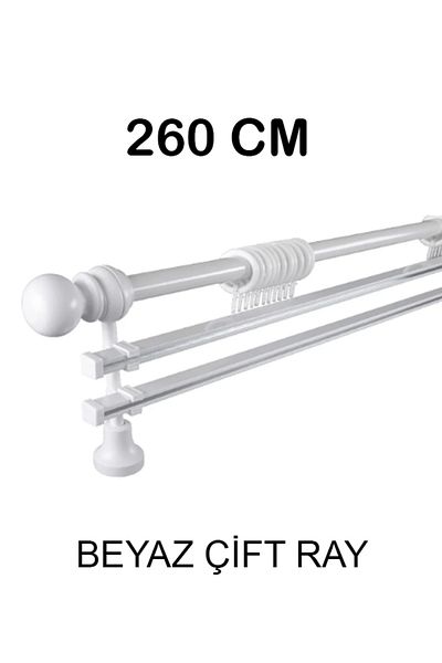 PERDE Mix 260 cm White Metal Pipe Double Rail Rustic Curtain Hanger with Wooden Legs and Headboard