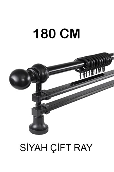 PERDE Mix 180 Cm Siyah Metal Borulu Ahşap Ayak Ve Başlıklı Çift Raylı Rustik ...