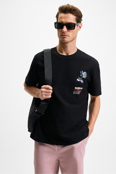 GRIMELANGE Bello Men's 100% Organic Cotton Crew Neck Short Sleeve Black T-Shirt