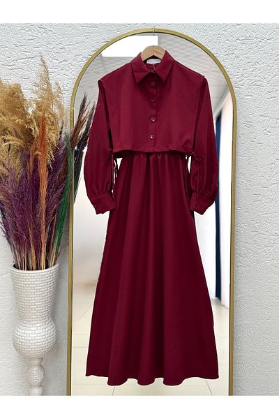 MİHRA STORE Vinoria Vestă cu talie elastică Rochie de mână cu nasturi-KN9899 Burgundy