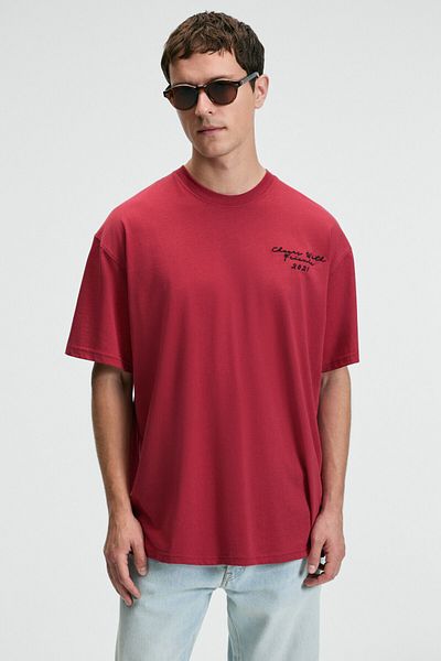 GRIMELANGE Treat Men's Oversize 100% Cotton Printed Round Neck Red T-Shirt