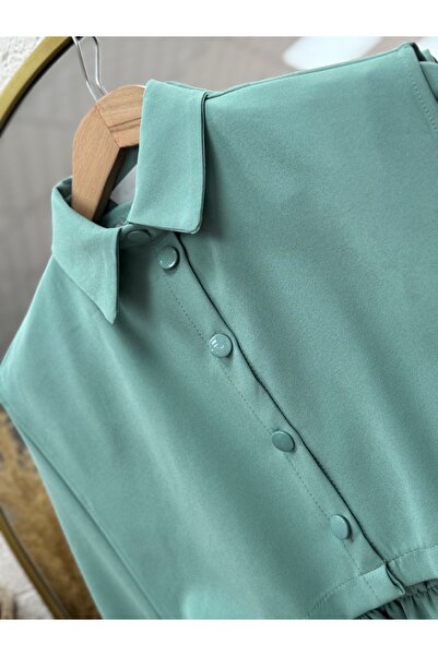 MİHRA STORE Vinoria Beli Elastic Vest Buttoned Dumbbell Dress-Kn9899 Mint