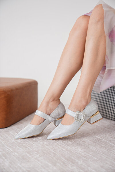 Moda Değirmeni Pantofi cu toc clasic, argintii, cu cataramă de piatră, cu toc gros, argintiu, BG1708-119-0002