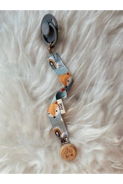 GOER STORE Natural Wooden Fox Detailed Mint Green 100% Cotton Fabric Baby Pacifier Strap