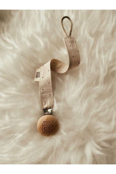 GOER STORE Natural Wooden Lion Detailed Cappuccino Polka Dot Cotton Fabric Baby Pacifier Strap