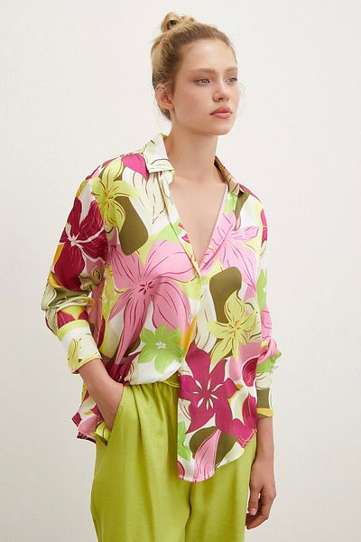 Never more Pink Satin Shirt - Floral Pattern