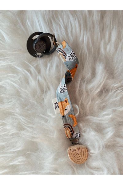 GOER STORE Natural Wooden Rainbow Detailed Mint Green Fox 100% Cotton Fabric Baby Pacifier Strap