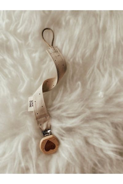 GOER STORE Natural Wooden Heart Detailed Cappuccino Polka Dot 100% Cotton Fabric Baby Pacifier Strap