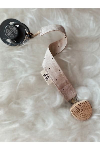 GOER STORE Natural Wooden Rainbow Detailed Cappuccino Polka Dot 100% Cotton Fabric Baby Pacifier Strap