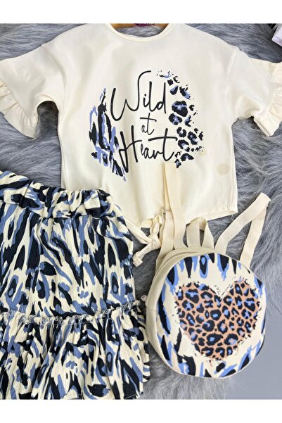 mislina kids Wild 3-Piece Girl's Combination (Oversize T-Shirt + Patterned Skirt + Bag) – 3/6 Years