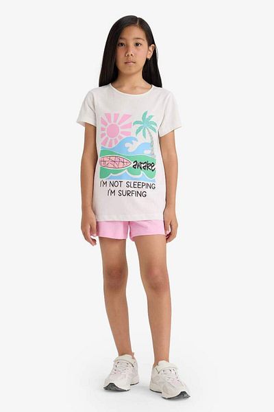 DeFacto Mädchen-Pyjama-Set, bedrucktes Kurzarm-Oberteil, elastische Shorts mit Taille E0665A825HS