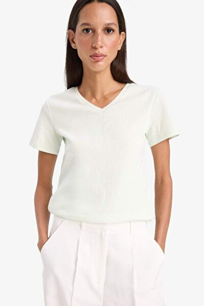 DeFacto Slim Fit Slim Fit V-Ausschnitt Basic Straight Rib Short Sleeve T-Shirt I1080az25sp