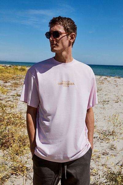 GRIMELANGE Copacabana Men's 100% Organic Cotton Oversized Short Sleeve Pink T-shirt with Front Back Cracking Print Detail