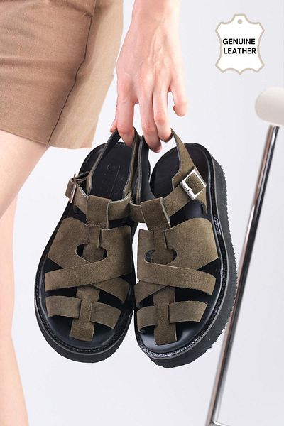 Mio Gusto Sylvie Genuine Suede - Khaki Green Women's Flat Sandals