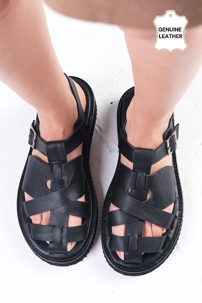 Mio Gusto Sylvie Black Genuine Leather Women's Flat Sandals