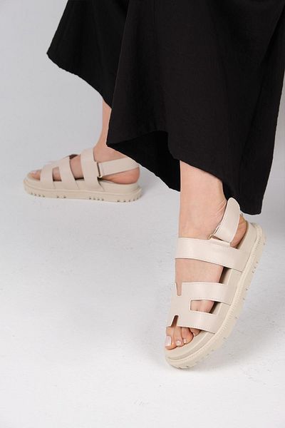 Mio Gusto Beige Color Velcro Strap Women's Sandals