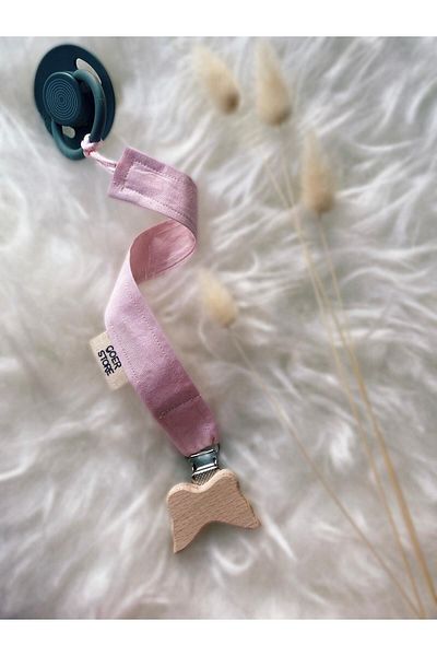 GOER STORE Natural Wooden Butterfly Detailed Pink 100% Cotton Fabric Baby Pacifier Strap