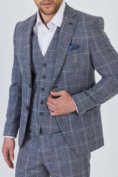 Frappoli Vincenzo Men's Navy Blue Jacket+Pants+Vest Double Slit Slim Fit Suit