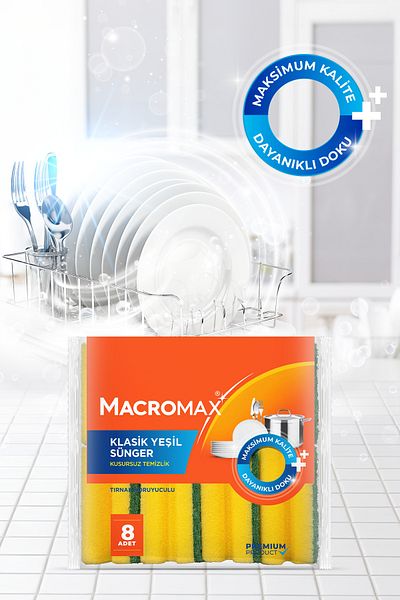 MACROMAX Dishwashing Sponge with Nail Protector 8 Pack, Ergonomic Green Classic Sponge