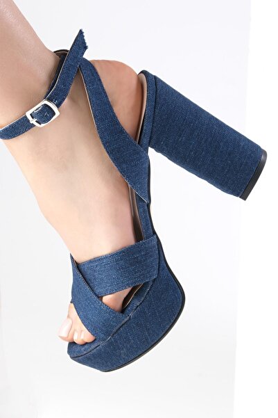 Mio Gusto Ellis Jeans Blue Color Cross Strap Denim Fabric Platform Women's Heeled Sandals