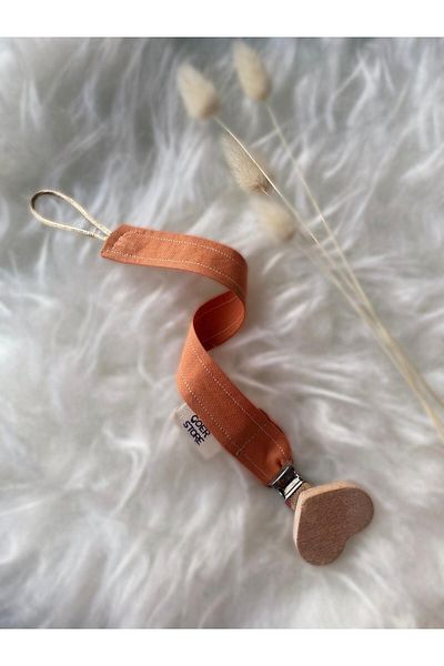 GOER STORE Natural Wooden Heart Detailed Cinnamon 100% Cotton Fabric Baby Pacifier Strap