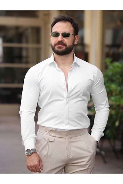 BASEL.CO Cămașă din satin de bumbac cu nasturi ascunși Super Slim Fit