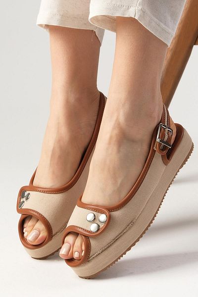 Mio Gusto Arwen Beige Color Linen Fabric Wedge Sole Women's Sandals