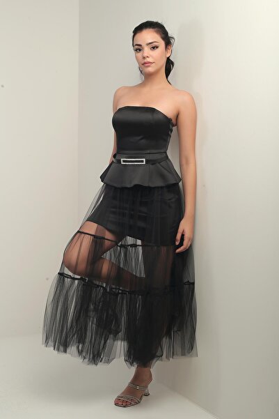 By Saygı Women's Strapless Skirt Tulle Top Satin Lined Dress with Belt