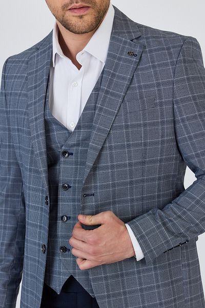 Frappoli Facune Men's Navy Blue Jacket+Pants+Vest Double Slit Slim Fit Suit