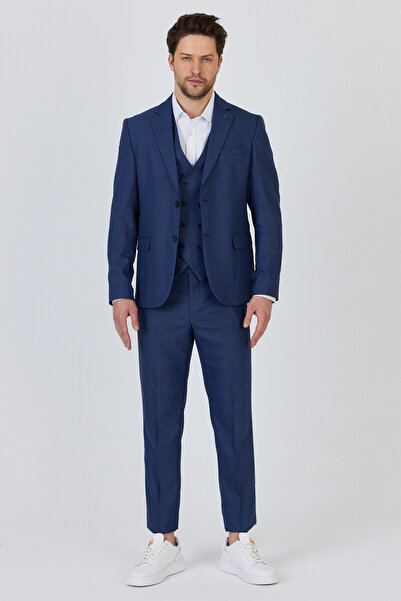 Frappoli Vasio Erkek Lacivert Poliviskon Kumaşlı Ceket+Pantolon+Yelekli Slim Fit Takim Elbise