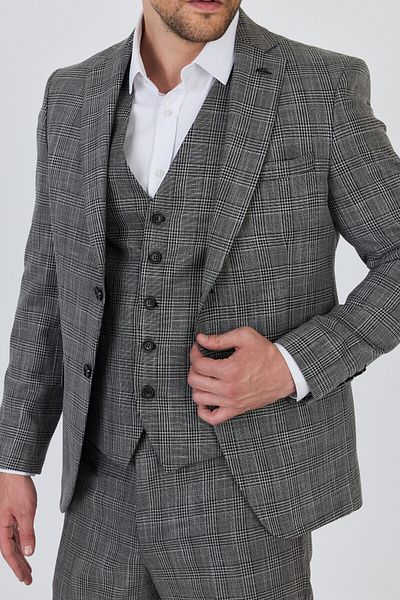 Frappoli Biglia Men's Black-Grey Jacket+Pants+Vest Double Slit Slim Fit Suit