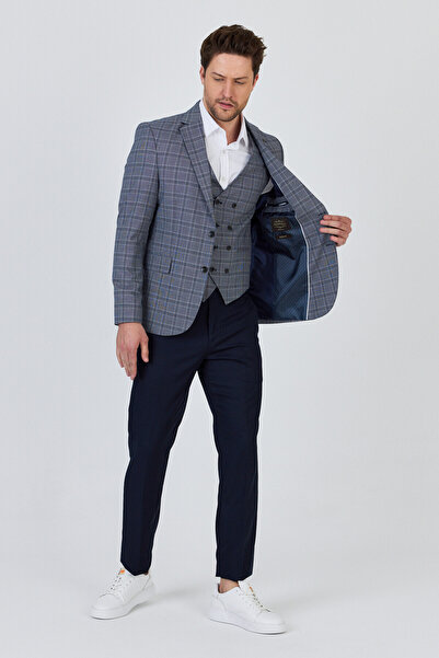 Frappoli Facune Erkek Lacivert Ceket+Pantolon+Yelek Çift Yırtmaçlı Slim Fit Takim Elbise