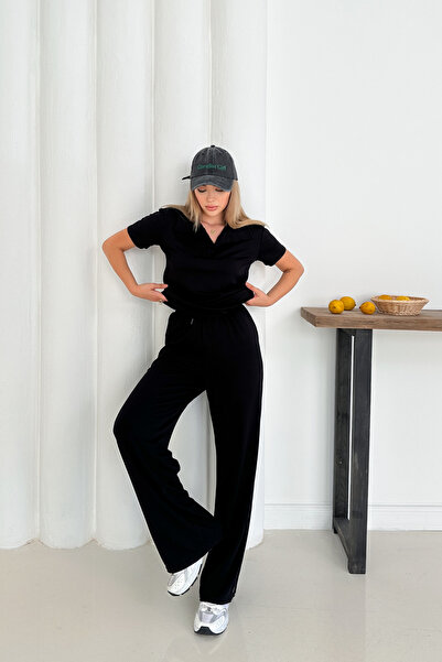 TrendyFashion Női fekete modális szövet Basic rövid ujjú póló nyakú tréningruha szett