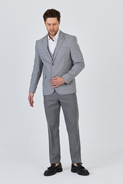 Frappoli Facune Erkek Açık Gri Ceket+Pantolon+Yelek Çift Yırtmaçlı Slim Fit Takim Elbise