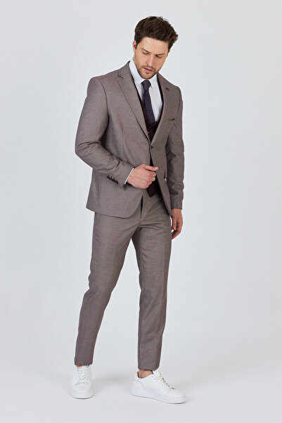 Frappoli Vitale Men's Burgundy-Grey Polyviscose Fabric Jacket+Pants+Vest Slim Fit Suit