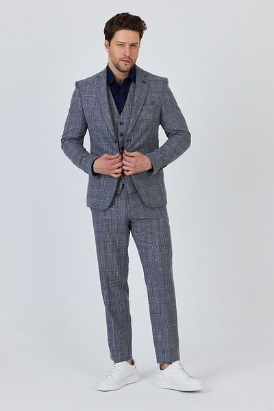 Frappoli Biglia Men's Dark Navy-Grey Jacket+Pants+Vest Double Slit Slim Fit Suit