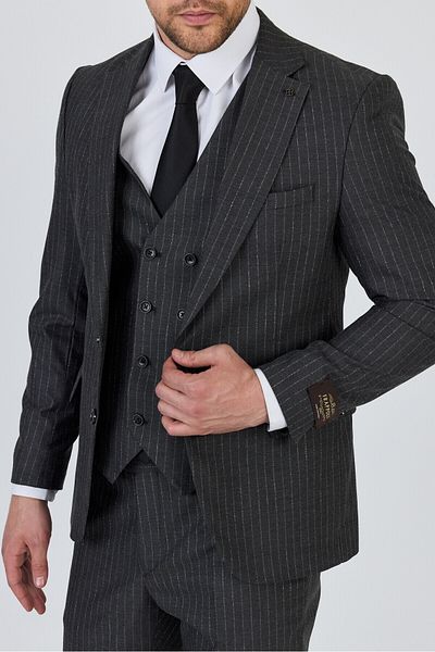 Frappoli Ateca Men's Dark Grey Italian Striped Jacket+Pants+Vest Slim Fit Suit