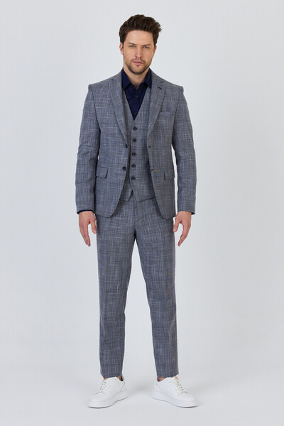 Frappoli Biglia Erkek Koyu Lacivert-Gri Ceket+Pantolon+Yelek Çift Yırtmaçlı Slim Fit Takim Elbise