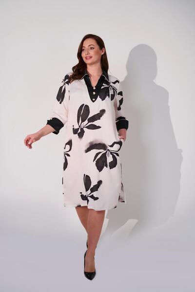 DE WHITES Plus Size Printed Dress with Back and Collar Sleeve Detail