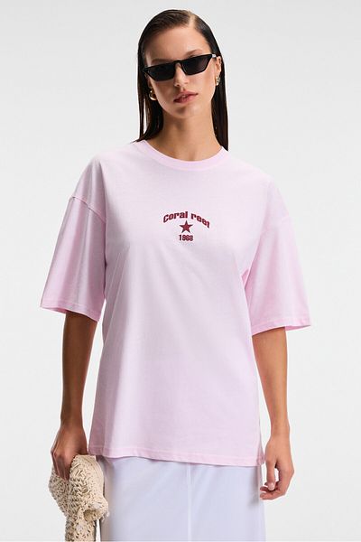 GRIMELANGE Tavena Women's 100% Cotton Printed Oversize Fit Short Sleeve Round Neck Pink T-Shirt
