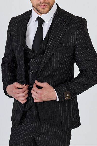 Frappoli Ateca Men's Charcoal Black Italian Striped Jacket+Pants+Vest Slim Fit Suit