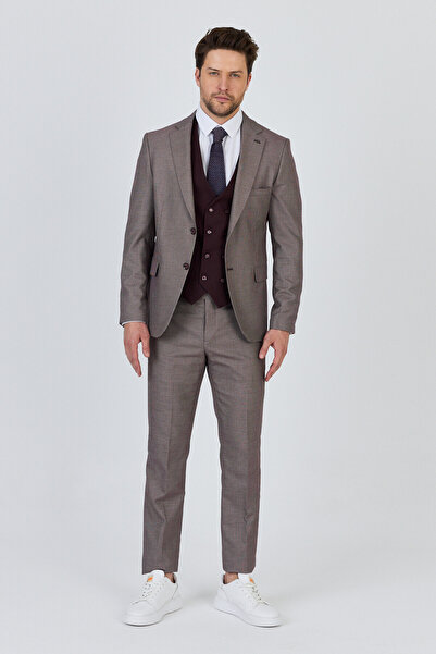 Frappoli Vitale Men's Burgundy-Grey Polyviscose Fabric Jacket+Pants+Vest Slim Fit Suit