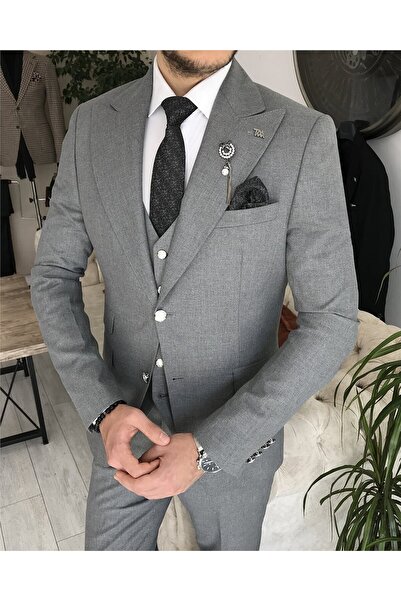 TerziAdemAltun İtalyan stil slim fit ceket yelek pantolon takım elbise Gri T8355