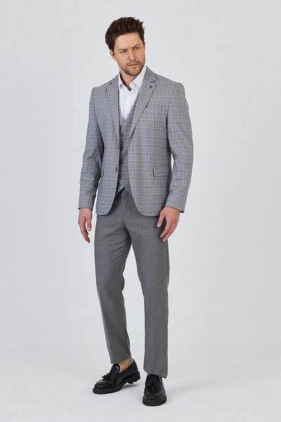 Frappoli Facune Men's Light Gray Jacket+Pants+Vest Double Slit Slim Fit Suit