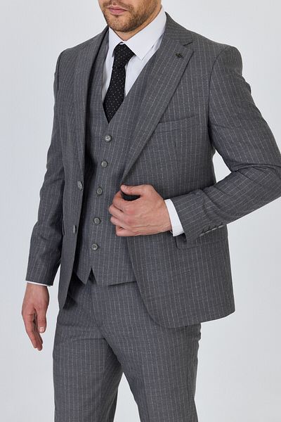 Frappoli Men's Light Gray Italian Striped Jacket+Pants+Vest Slim Fit Suit