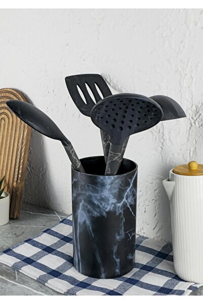 Tabivar Marble Patterned Kitchen Set Ladle Colander Spoon Spatula Black