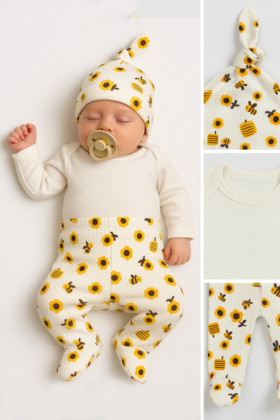 BABYDEN'S Bee and Flower Patterned 3-Piece Newborn Set Long Sleeve Snap Body, Booties Pants, Beanie 100% Cotton