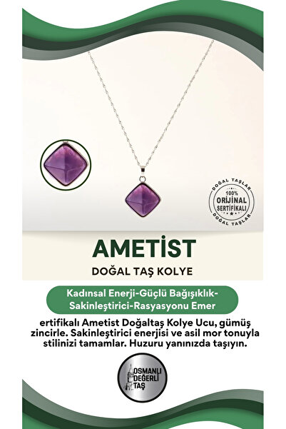OSMANLI DEĞERLİ TAŞ Sertifikalı Ametist Doğaltaş Kolye Ucu, Gümüş Zincirle Bi...