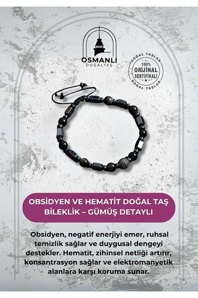 OSMANLI DOĞAL TAŞ Certified Obsidian and Hematite Natural Stone Bracelet – Silver Detailed